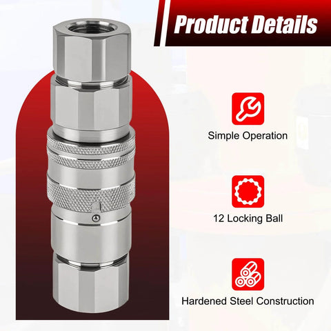 Half Inch NPT Flat Face Hydraulic Quick Couplers Kit With Two Dust Covers For Skid Steer, high flow 23 GPM, details view