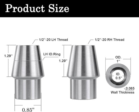 1/2 Heim Joints Rod End Kit with Right and Left Hand Threads, showing chromoly bungs and jam nuts dimensions and threading details.