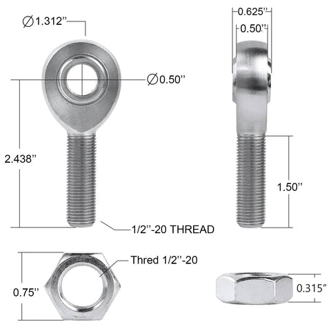 1/2 Heim Joint Rod End Kit with Right and Left Hand Threads, .5 Chromoly Panhard Rod Ends with Tube Adapters and Jam Nuts, specs