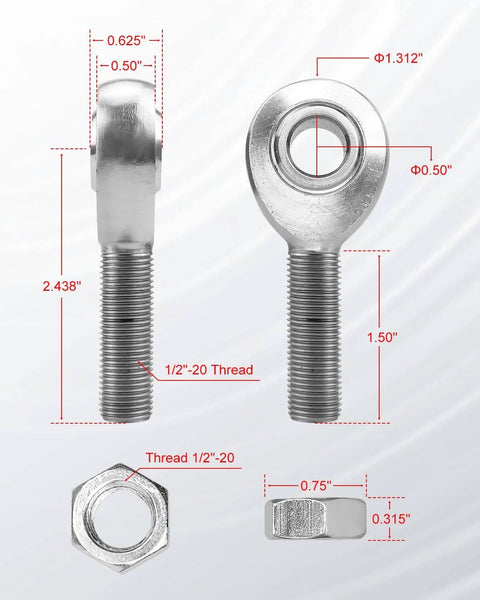 1/2 inch Heim joint rod end kit with jam nuts, left and right hand thread chromoly panhard bar joints shown with dimensions