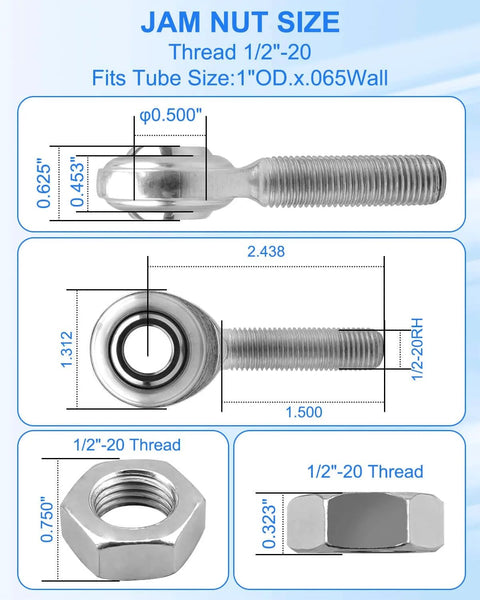 1/2-20 Heim joint rod end kit economy with tube adapters and jam nuts, detailed size and thread specifications