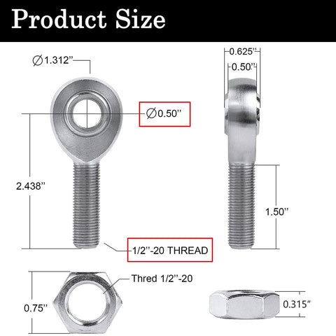 Diagram of 1/2 Heim Joints Rod End Kit with Right and Left Hand Threads dimensions, showing 0.5 inch Chromoly components and threading details.