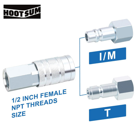Image showing Half Inch IM Industrial Air Hose Fittings Kit with two industrial couplers and one 1/2 inch female NPT plug.