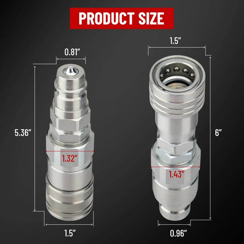 Half Inch Flat Face ISO 16028 To AG ISO 5675 Pioneer Style Hydraulic Quick Connect Coupler front and side view with dimensions