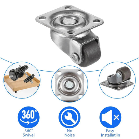 Four Pack Half Inch Low Profile Caster Wheels With Rubber Rollers For Small Furniture, includes 360 swivel, no noise, easy installation