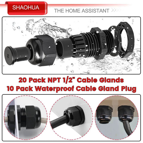 Half Inch NPT Cable Gland Set IP68 Waterproof Adjustable Strain Relief Cord Connector disassembled view and installed examples