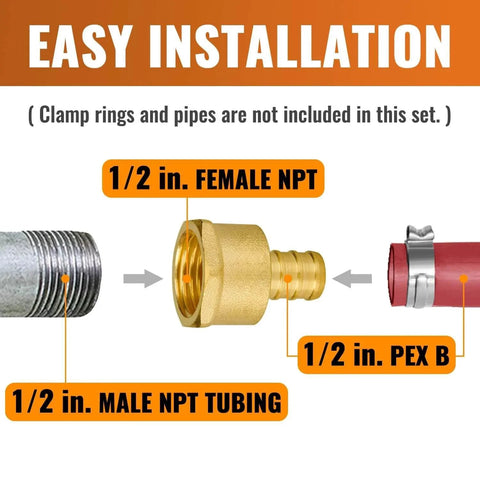 Six Pack Half Inch Pex To Half Inch Female NPT Brass Fittings showing installation with 1/2 in. PEX B and NPT tubing.