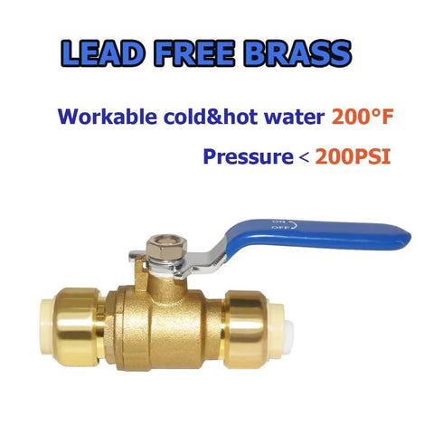 Half Inch Push Fit Full Port Ball Valve Shut Off Water Valve Push To Connect For PEX Copper CPVC PE RT Solid Brass Blue Easy Install