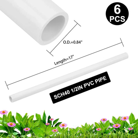 Six Piece Set Of Half Inch Schedule 40 PVC Pipe 17 Inch Length White For Indoor Outdoor DIY Projects with measurements shown