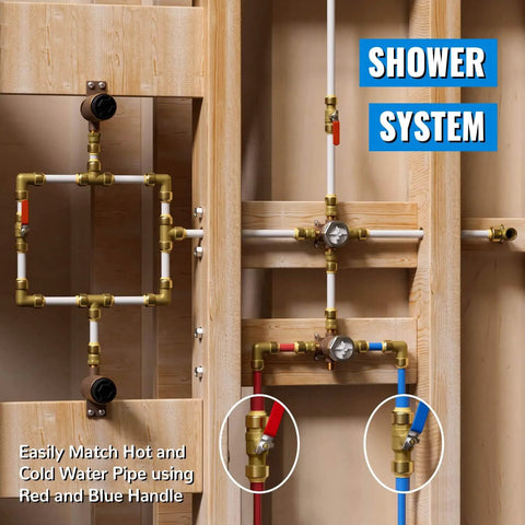 Installed Half Inch Shut Off Ball Valve Pack Of 2 with red and blue handles for shower system, shown with lead-free brass fittings for PEX.