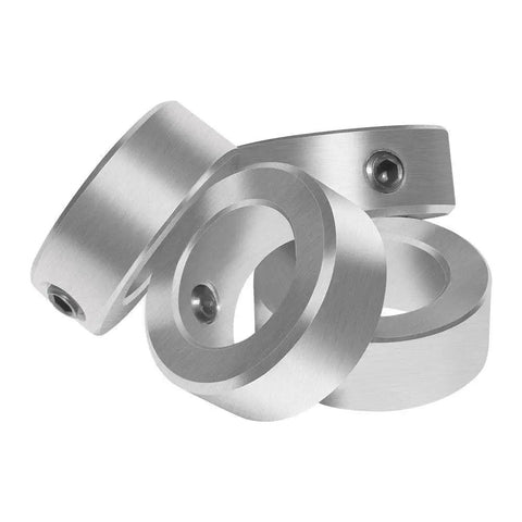 Half Inch Bore Solid Steel Shaft Collar Set With Zinc Plating, Four Pack, One Inch Outer Diameter, Seven Sixteenths Inch Wide, Includes Set Screw With Quarter Twenty Thread, Carbon Steel Construction