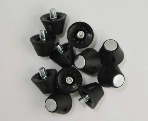 Half Inch Steel Tip Black Football Studs 14 Pack With Wrench For All Conditions, showing steel-tipped studs scattered on white background.