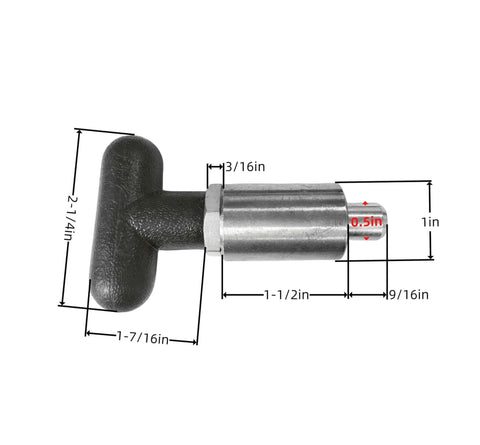1/2" Diameter T knob Spring Loaded Pop Pin with black plastic T-handle and zinc plated steel plunger, showing dimensions on white background.