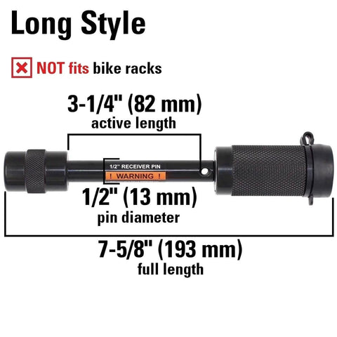 Keyed Half Inch Trailer Hitch Lock With Three And A Quarter Inch Span For Class I And II Hitches Double Safety Receiver Pin With Spring Clip For Extra Security No Nonsense Locking And Peace Of Mind shown with dimensions.