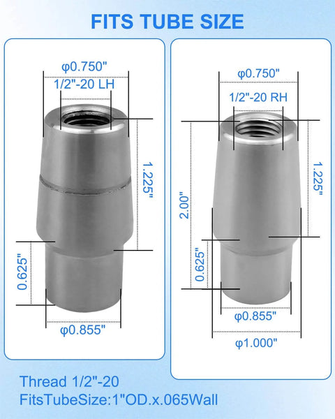 1/2-20 Heim joint rod end kit economy with tube adapters and jam nuts, left and right hand threaded chromoly joints diagram