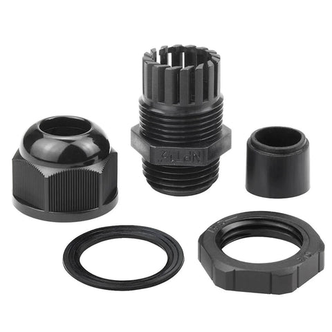 Black components of Ten Pack Half Inch IP68 Waterproof Nylon Cord Grips NPT Cable Glands Strain Relief, Adjustable, UL Listed, RoHS Compliant.