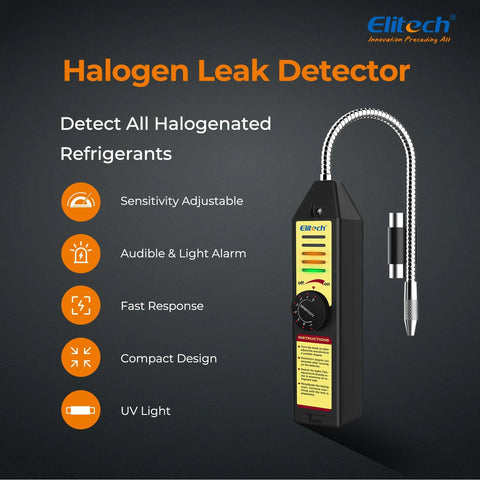 Elitech freon leak detector with flexible metal neck, black handheld unit and indicator panel for HVAC refrigerants
