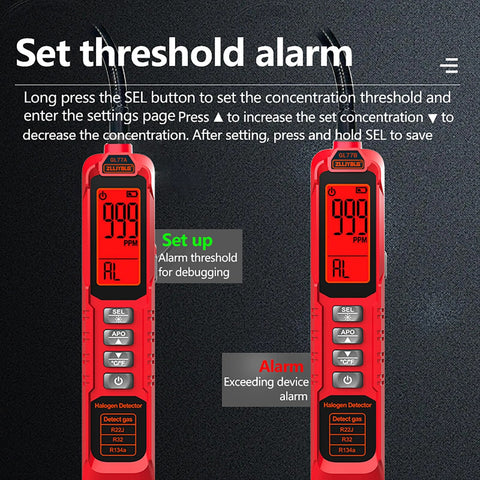 Two red handheld halogen leak detectors with 999 PPM display and AL alarm; front view shows buttons and R22/R134a