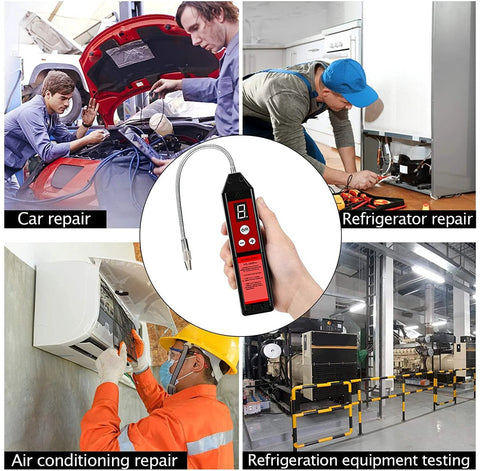 Wale&Morn leak detector with red digital display and flexible probe; collage shows car, refrigerator, and HVAC repairs.
