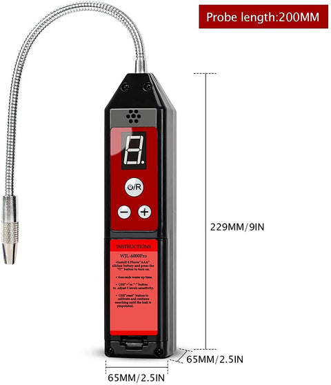 Handheld Wale&Morn leak detector for halogen refrigerants, black/red body with 200mm stainless-steel probe and display