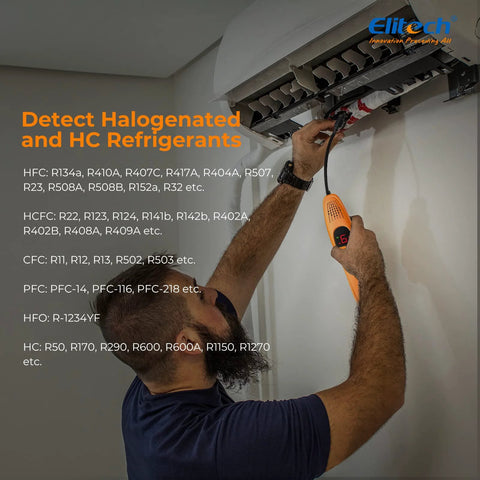 Elitech LD-100+ orange handheld refrigerant leak detector with display for automotive A/C leak detection.