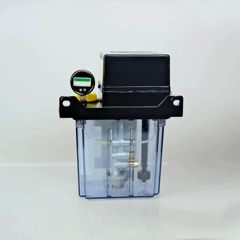 Front view of HALS Lube HMGP 303M Lubrication Oil Pump with 2 L tank and pressure gauge.