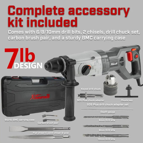 800W SDS Plus Rotary Hammer Drill With Demolition Chisels And Drill Bits Set In Case Corded Variable Speed 600 RPM 15J Impact Energy For Concrete Brick And Masonry Diy Projects And Light Construction Tasks with accessories.