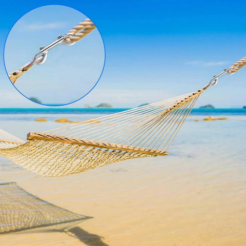Hammock secured on beach with 15 Pack Double Ended Bolt Snap Hooks Four Point Seven Inch Heavy Duty Zinc Alloy Clips With 220 Pound Load Capacity
