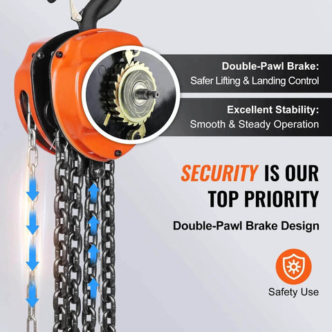 Image of 2 Ton Hand Chain Hoist 4400 Lbs Capacity 10 Ft Lift showing G80 galvanized chain and dual-pawl brake mechanism.