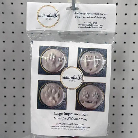 Unbreakable Bond Impression Kit No Bake Two Part Molding Putty With Gold Display Tin featuring hand and paw impressions guide.