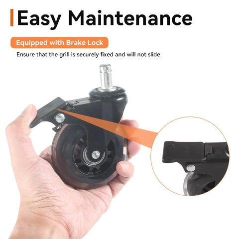 Hand holding 3-inch rubber swivel caster wheel with brake, close-up view, for grill replacement, ideal for outdoor use.