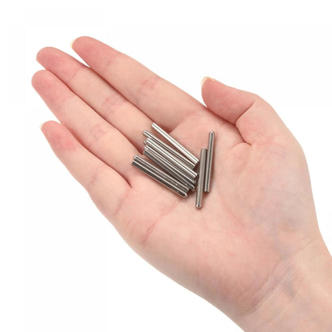 Hand holding Heavy Duty 3x28mm Dowel Pins Set In 304 Stainless Steel With Round Head And Flat Chamfered End, 20 Pieces.