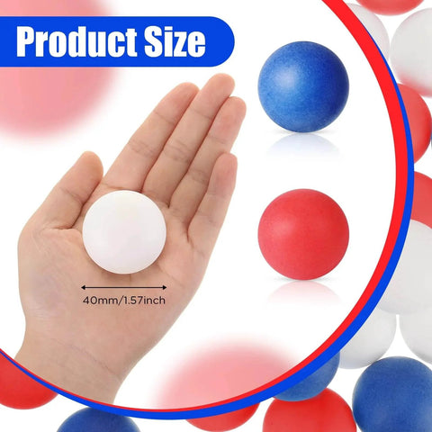 Hand holding white ball from 120 Pack Colored Table Tennis Balls 40 mm Plastic Balls Bulk for 4th of July Carnival Wedding Pool Games.