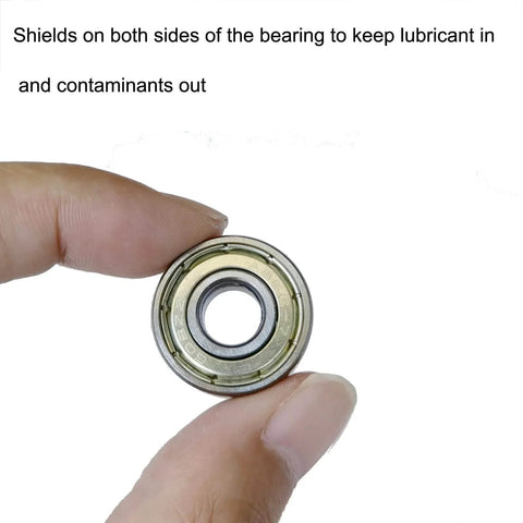 Close-up of 24 PCS 608-ZZ Ball Bearing showing double metal shield for furniture wheels, skateboards, scooters, and roller blades.