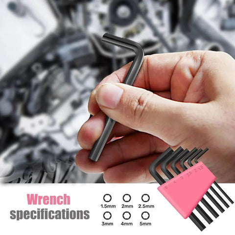 Hand holding hex key from Pink 24 Piece Diy Tool Kit For Women Compact Mini Tool Box Set With Essential Home Starter Tools