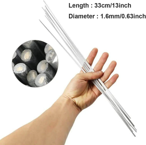 Hand holding 50 Pack Flux Core Aluminum Welding Rods for Low Temperature Brazing, 1.6mm diameter, 33cm length, close-up view