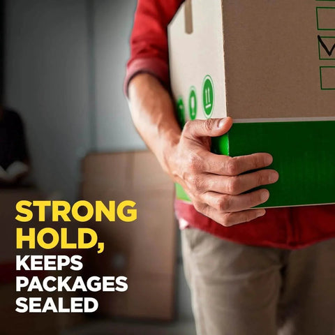 Person carrying box sealed with Scotch Sure Start Packing Tape Clear 1.88 In X 22.2 Yd 6 Dispenser Rolls Quiet Unwind Easy Start Strong Hold