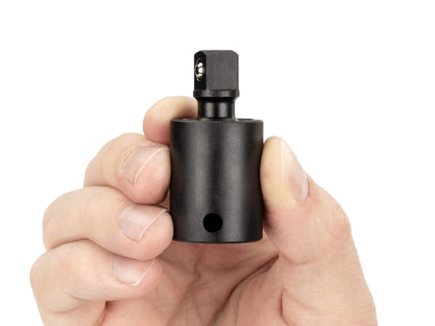Person holding Tekton 3/8 Inch Drive Impact Universal Joint | SIA12102, featuring 30° pinless tilt in Ni-Cr-Mo steel finish.