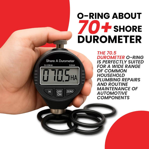 Hand holding durometer with stack of O-rings, 400 Piece O Ring Kit With 25 Sizes For Automotive, Plumbing, And General Repairs