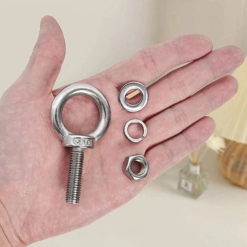 Hand holding 4 Pack M10 Stainless Steel Eye Bolts With Nuts And Washers Set, 35mm Thread Length, DIY projects, furniture use