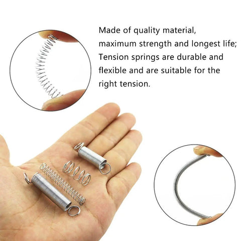 Hand holding small metal coil springs from 200 Piece Compression and Extension Spring Kit With Plastic Storage Box, 20 Sizes.