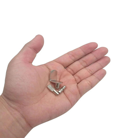 Hand holding 60 Pieces Shelf Bracket Pegs Stainless Steel Shelf Pins Support, Nickel Plated Shelf Pins, 3 Styles
