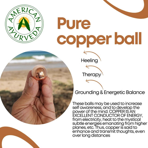 Person holding a pure copper ball with text on healing, therapy, and grounding benefits.