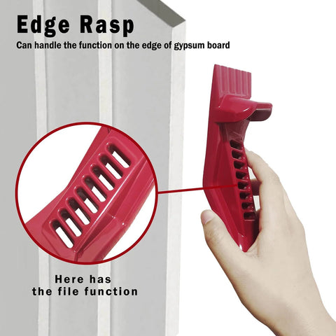 Hand holding red Edge Rasp tool from Drywall Panel Lifter, Door Hanging Tool, Multifunctional Drywall Installation Tool, Edge Rasp, Bottle Opener designed for smooth motion and stable alignment in automation and mechanical systems