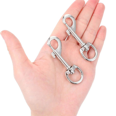 Fifty Pack Swivel Snap Hooks For Dog Leash Heavy Duty 2.68 Inch Flag Clasp Single Ended Swivel Clip shown in hand