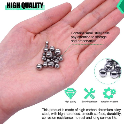 Hand holding 600PCS 12 Size Bicycle Bearing Balls Stainless Steel Precision Steel Balls Kit with quality features highlighted