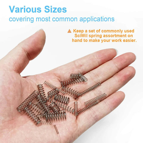 Hand holding various sizes of metal springs with text highlighting their common application uses.