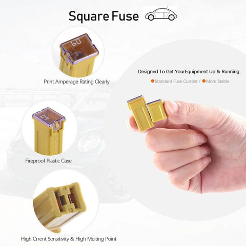Hand holding a yellow 60A square automotive fuse with printed amperage for the 250 Piece US Grade Automotive Fuse Kit With Standard And Mini Blade Fuses.