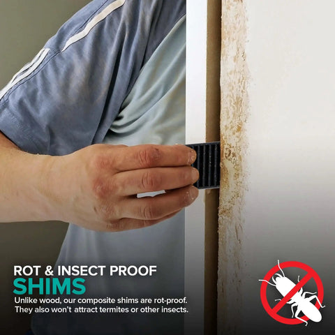 Hand installing Heavy Duty Composite Shims 12 Pack For Home Improvement And Leveling Never Rot Indoors Or Outdoors Stackable Table