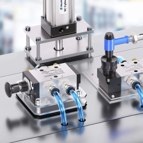 Five Way Two Position Hand Lever Pneumatic Valve With Spring Reset Center Return One Quarter Inch NPT Manual Push Pull Control Air Line Valve For Industrial Pneumatics Works At 25 To 116 Psi on industrial setup.